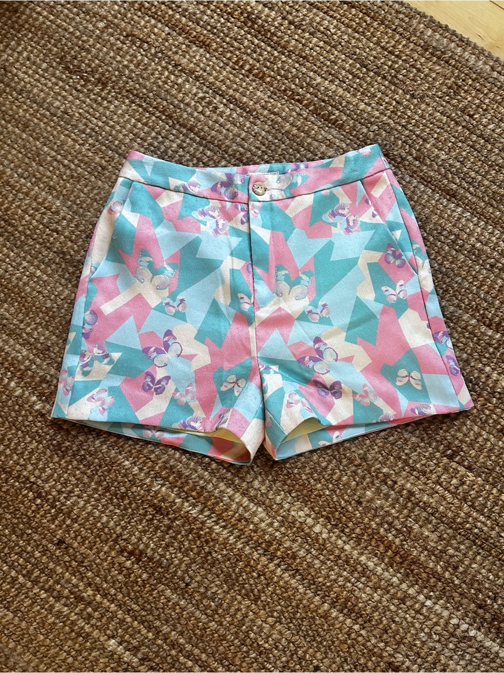 High-Waist Pastel Butterfly Print Shorts in Pink & Teal